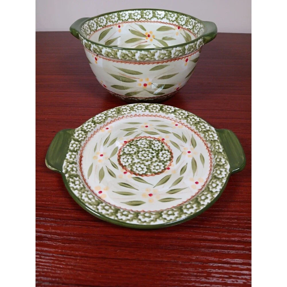 Temp-Tations Old World 1 Quart Serving Mixing Bowl With Lid Green EUC